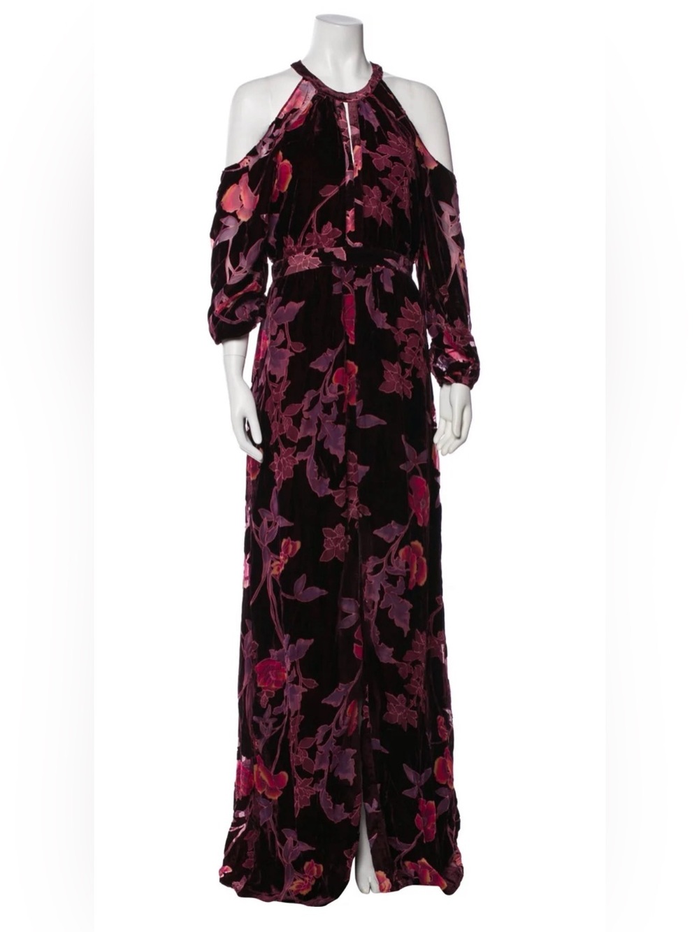 Cold-Shoulder Velvet Maxi Dress in Burgundy Floral